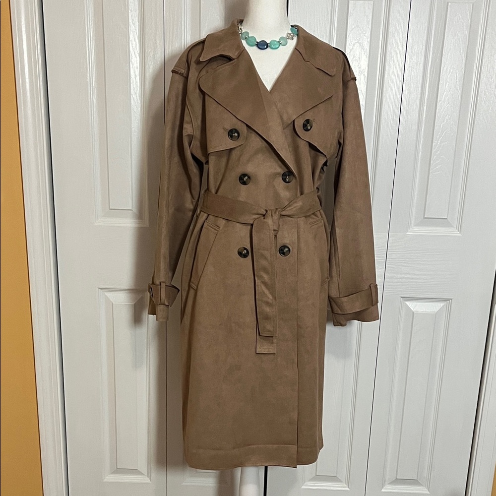 Classic Suede Tan Trench Coat for Women Size Medium